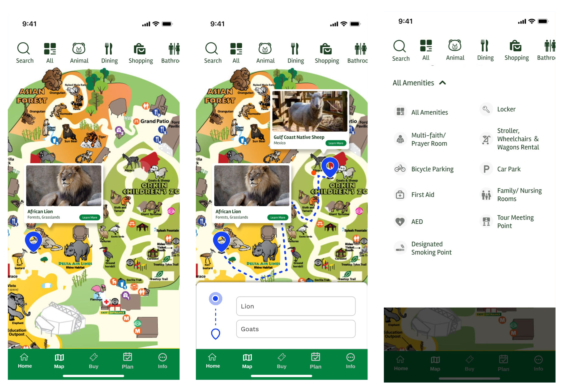 Map screens with animal locations, routes, and amenities