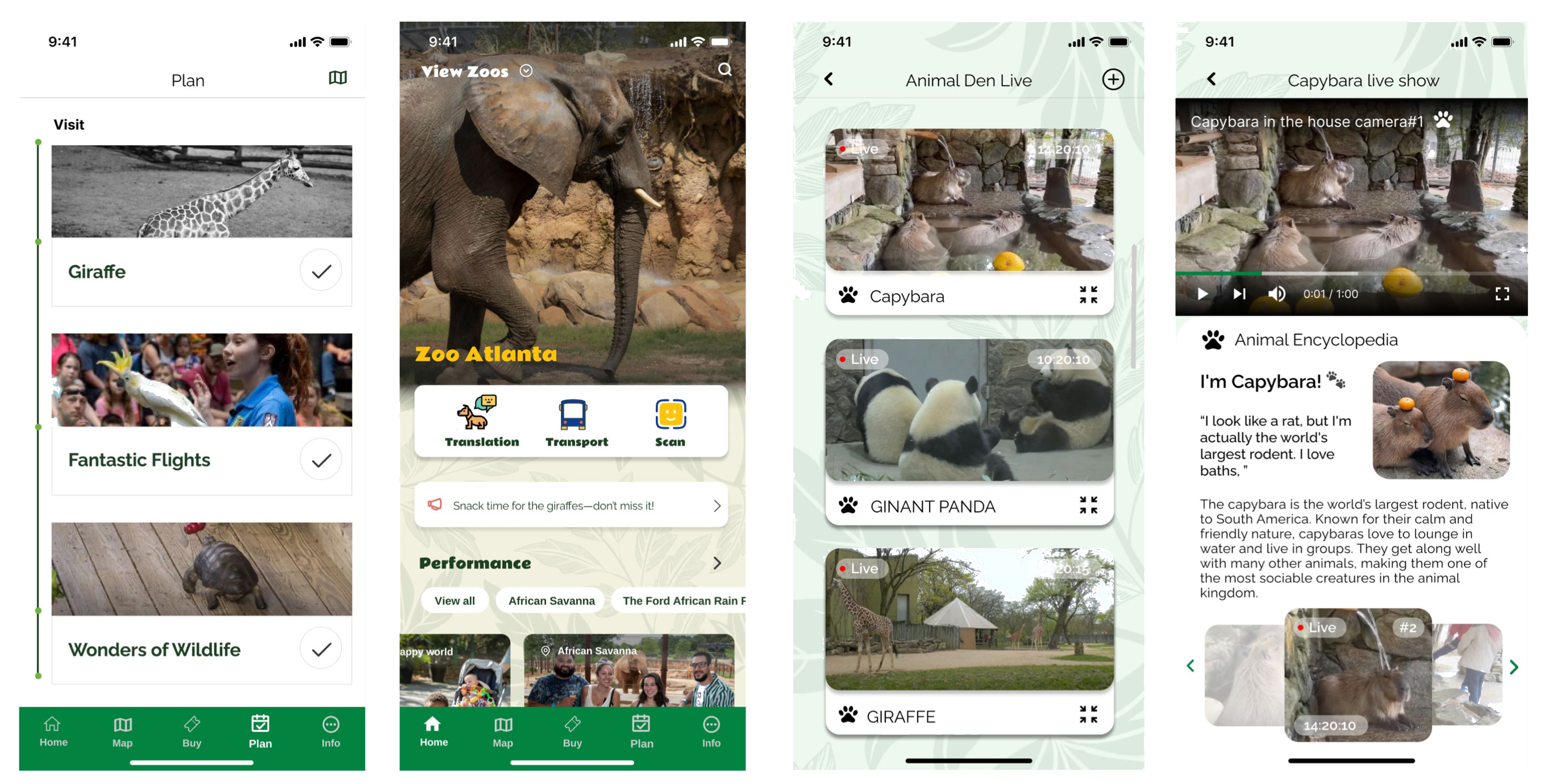 Notice screens with visit plan, activity alert, den cameras, and capybara live show