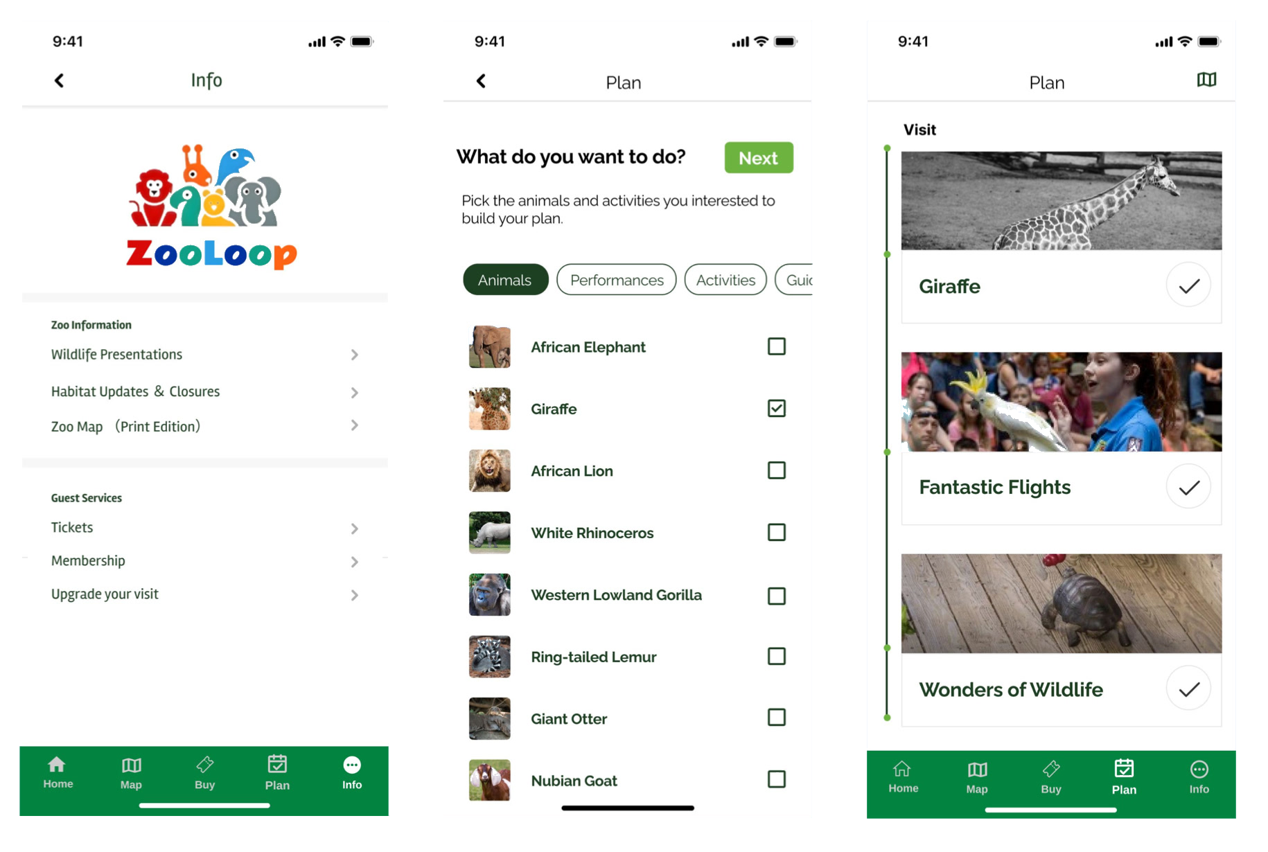 Plan screens for choosing animals and activities and viewing the itinerary