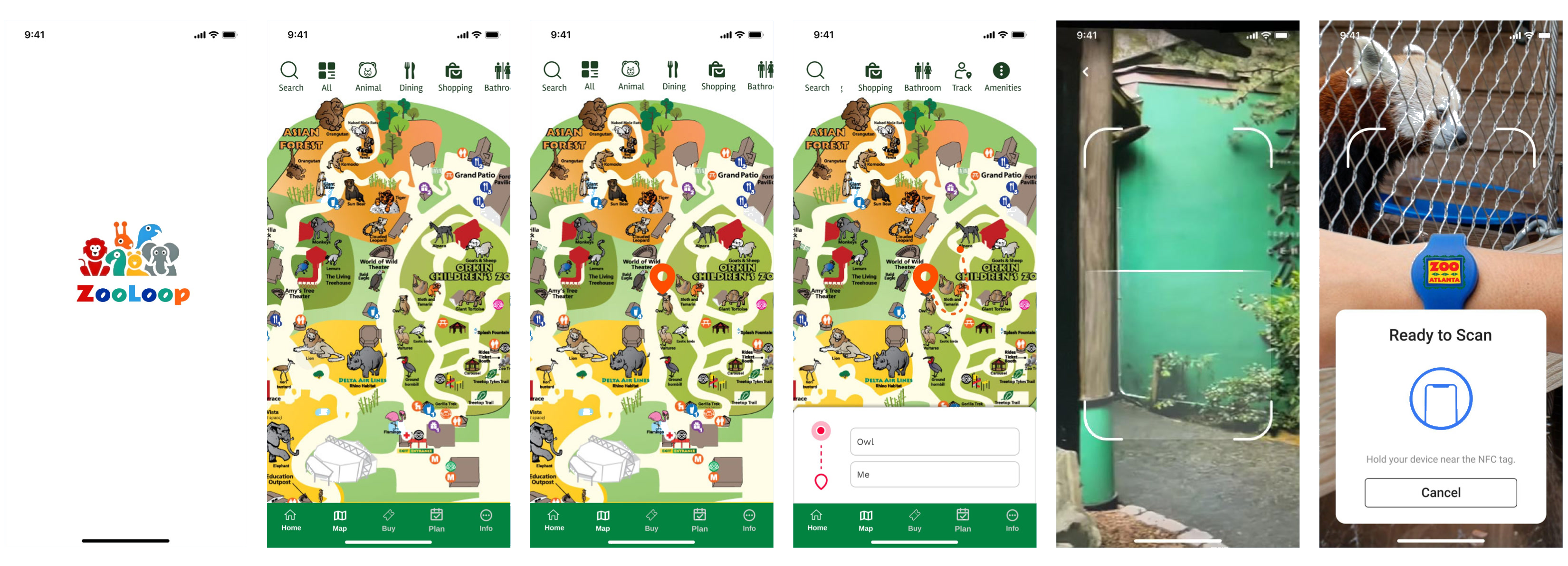 Track screens: splash, maps, enclosure camera, and NFC wristband scan