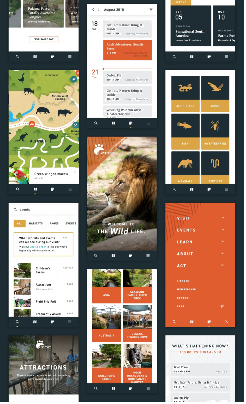 Dark-themed zoo app screens for map, calendar, and events