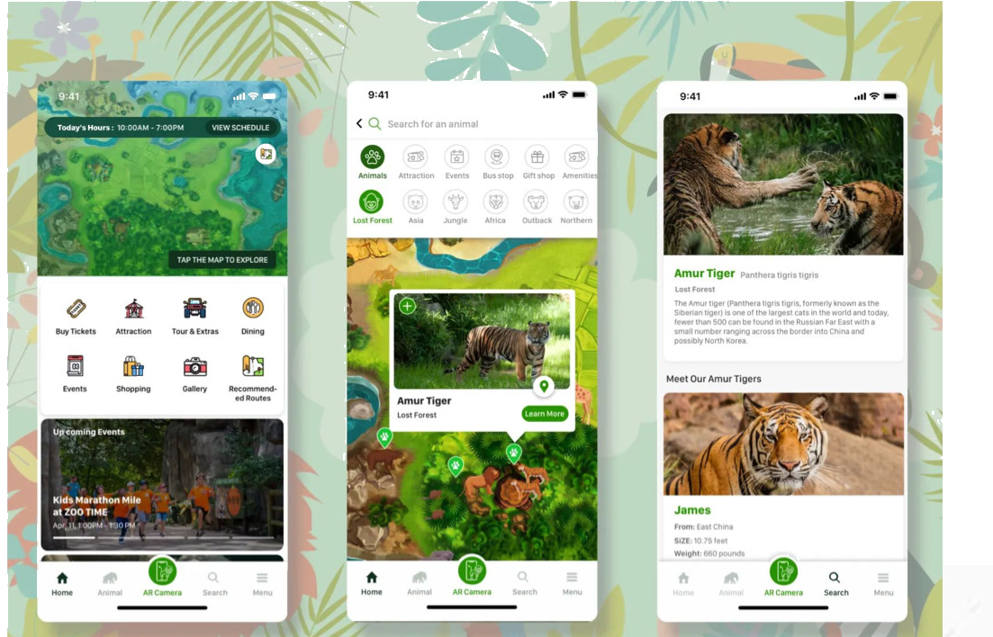 Tropical zoo app mockups with map and animal profiles