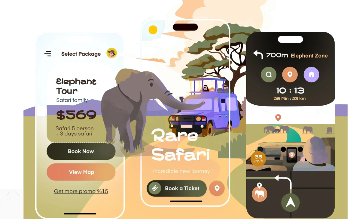 Illustrated safari booking and wayfinding screens